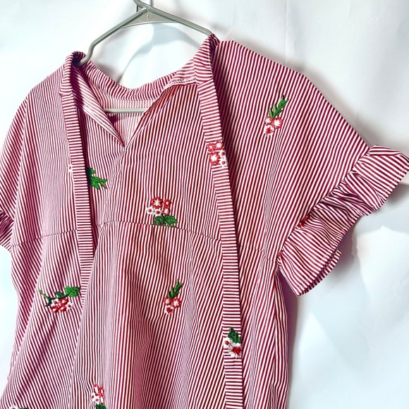 Woman's Striped Summer Travel Short Dress with Floral Embroidery Ruffle Sleeve - Picture 6 of 9